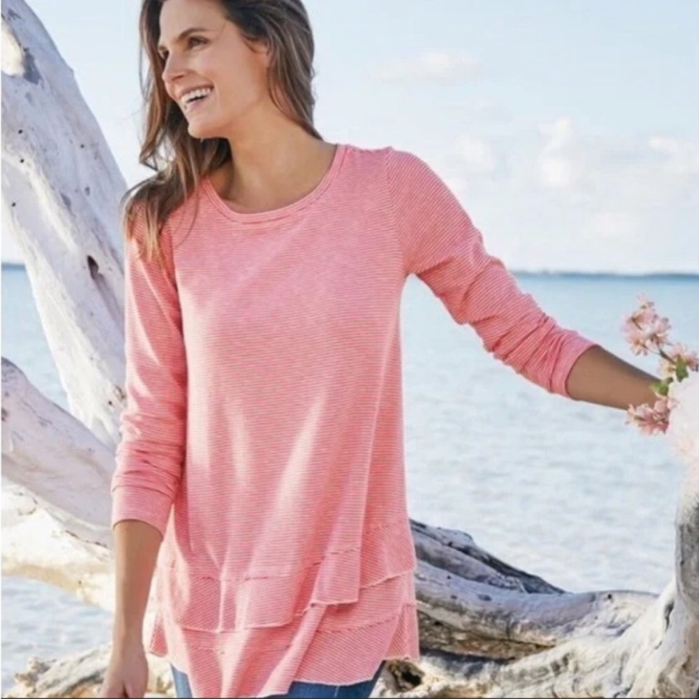Soft Surroundings Colette Tee Striped Peach Pink Long Sleeve Medium Tiered M